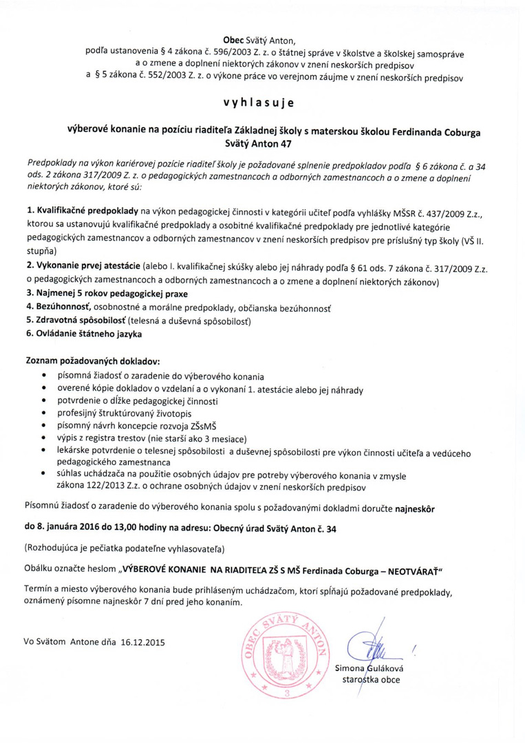 Výberové konanie na pozíciu riaditeľa Základnej školy s materskou školou Ferdinanda Coburga Svätý Anton