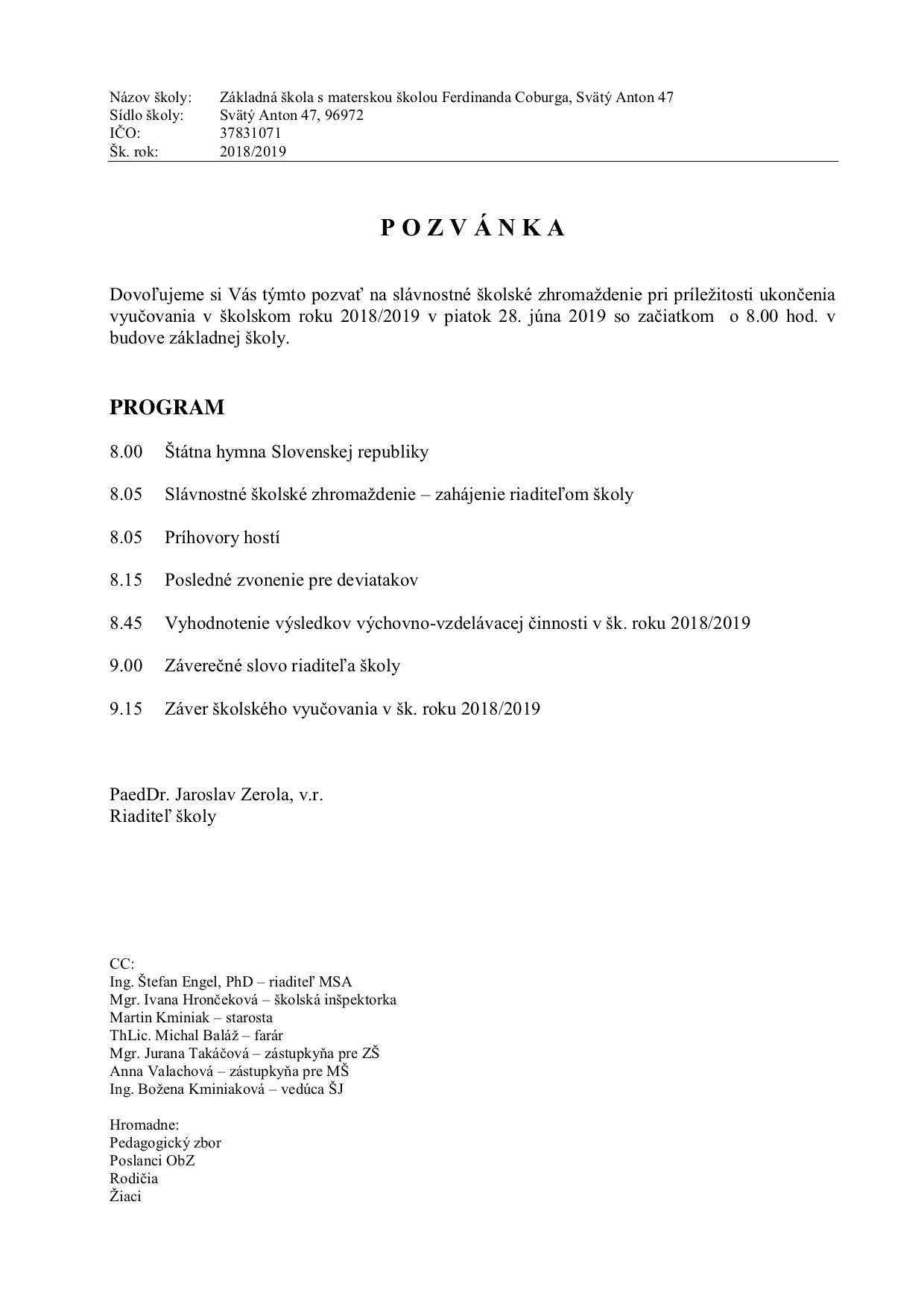 Pozvánka na slávnostné školské zhromaždenie