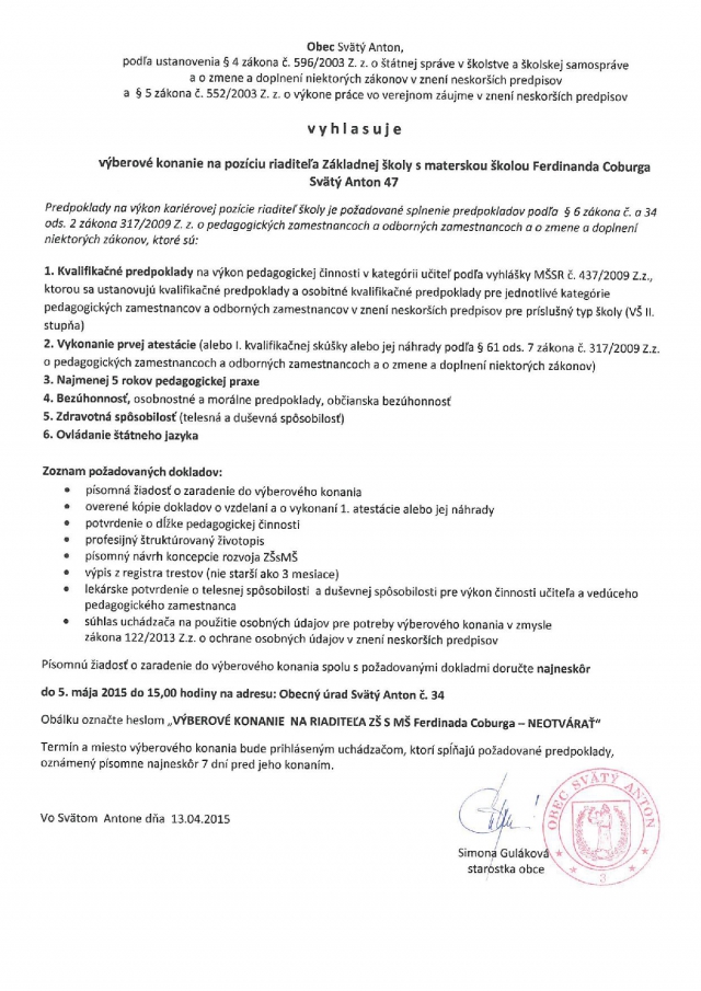 Výberové konanie na pozíciu riaditeľa školy